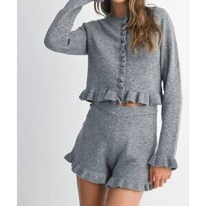 NEW MABLE ruffle cardigan top matching ruffle shorts set in gray